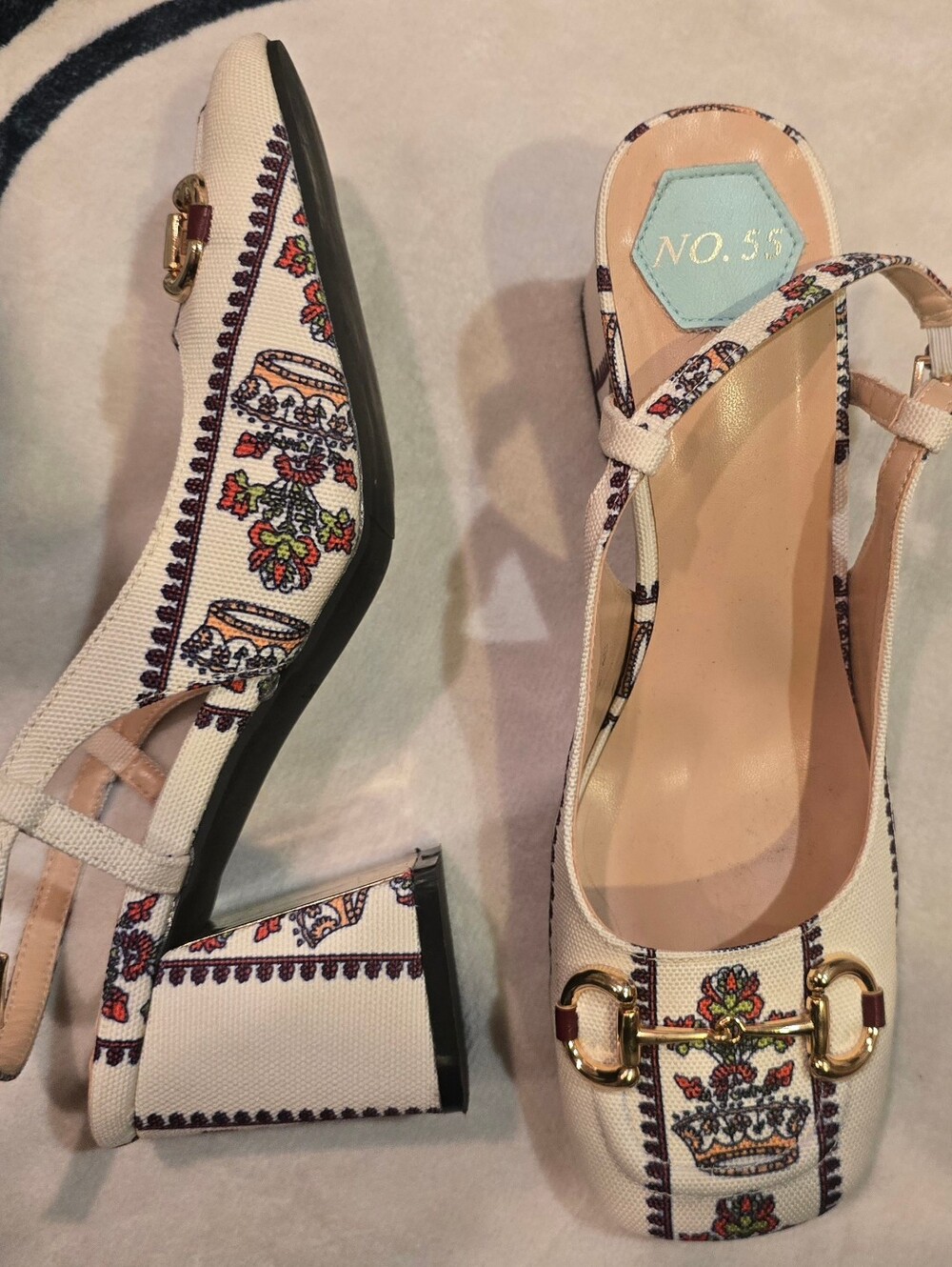 No. 55 Horsebit Women's Cream Embroidered Block Heel Slingback 8.5